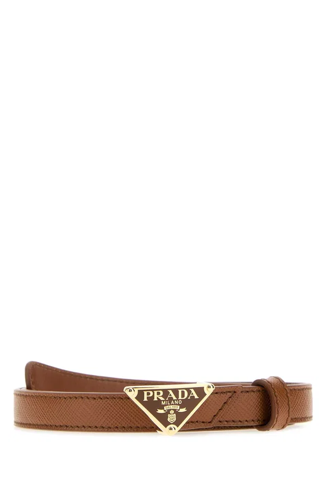Prada Triangle Logo Leather Belt — Cognac Exterior in Brown Leather from HEWI
