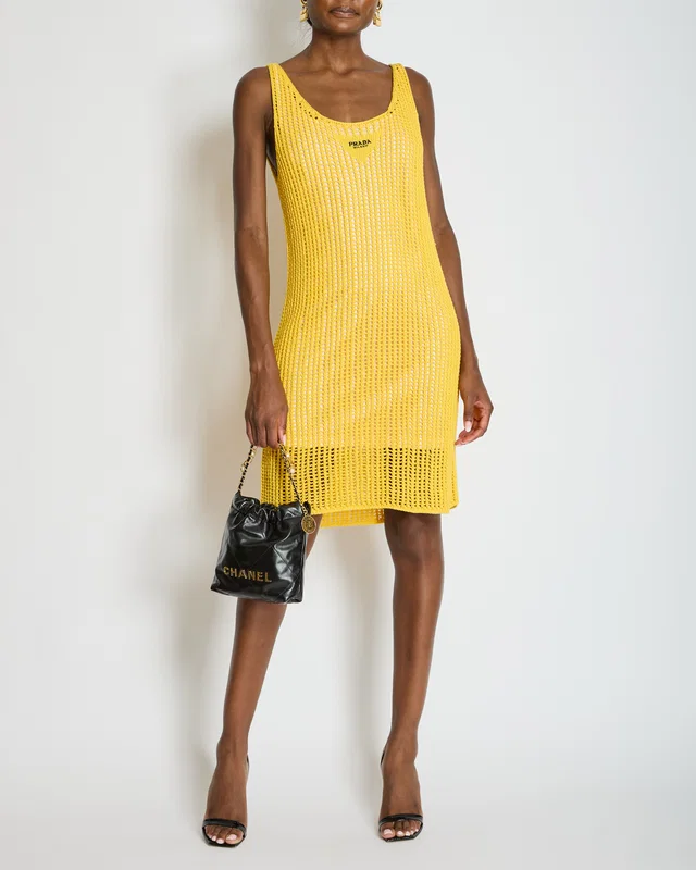 Prada Yellow Crochet Knitted Mini Dress with White Slip Size IT 38 (UK 6) in White from Sellier