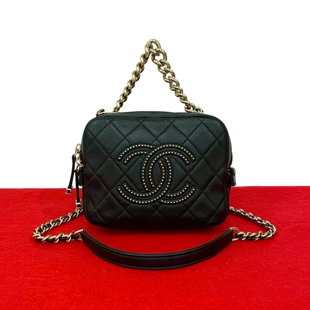 Chanel Quilted Coco Studs Leather 2-Way Chain Shoulder Bag Black in Black Leather from The Reluxe