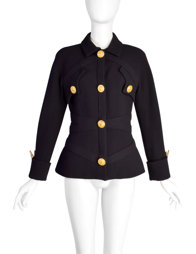 Versace Couture Vintage AW1992 'Miss S&M' Collection Western Inspired Black Wool Jacket in Black Wool from Amarcord Vintage Fashion