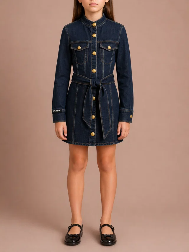 Balmain Kids Dark Blue Denim Dress with Belt and Gold Buttons Size 8 years in Blue Denim from Sellier