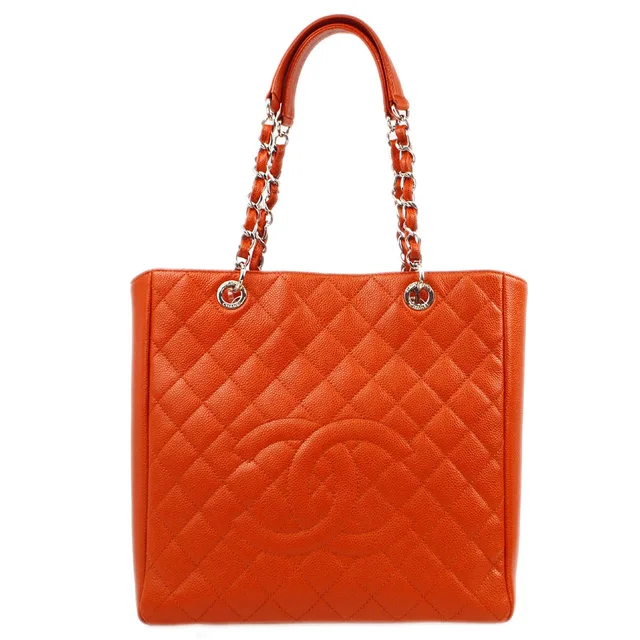 Chanel 2012 Orange Caviar Petite Shopping Tote XL PST Tote Handbag in Orange Caviar leather from AMORE Vintage Tokyo