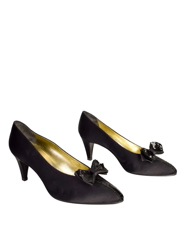 Chanel Vintage 1980s Black Satin Sequin Bow Pump Heels in Black Satin from Amarcord Vintage Fashion