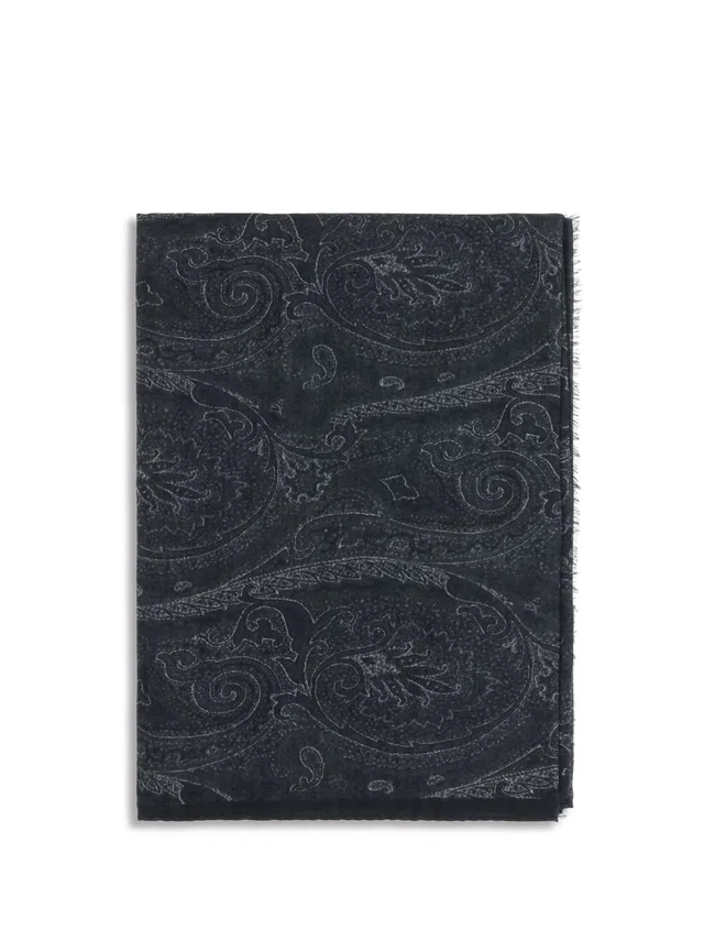 Etro Paisley Print Modal Cashmere Blend Scarf — Black Modal; Kashmir/capra Hircus Scarfs in Black Cashmere from HEWI