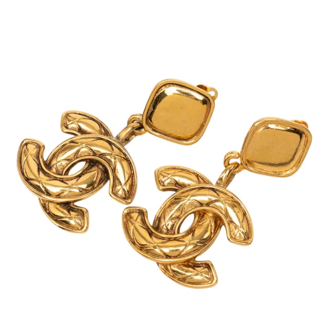 Gold Chanel CC Gold Plated Quilted Drop Clip On Earrings in Gold from Designer Revival