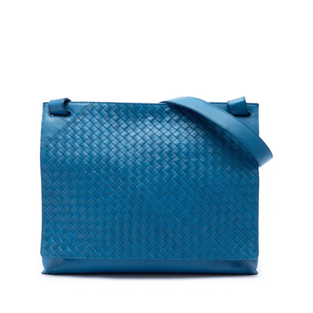 Blue Bottega Veneta Nappa Intrecciato Flap Crossbody in Blue Nappa leather from Designer Revival