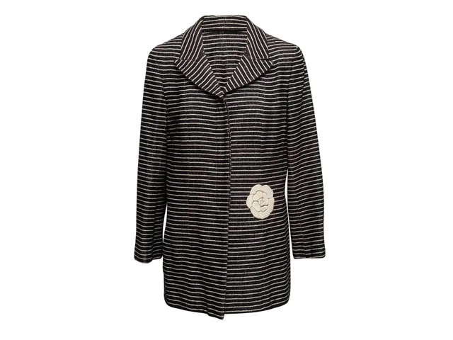 Vintage Black & White Chanel Wool-Blend Striped Camellia Jacket Size FR 48 in Black Wool from Designer Revival