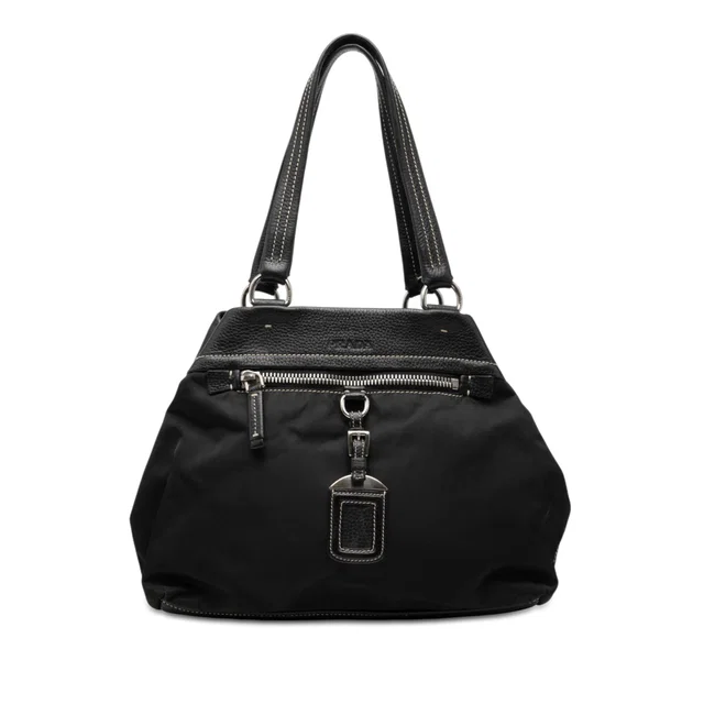 Black Prada Vitello Trimmed Tessuto Tote in Black Nylon from Designer Revival