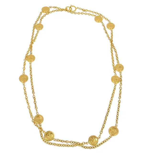 Chanel Medallion Long Chain Necklace Gold in Gold from AMORE Vintage Tokyo