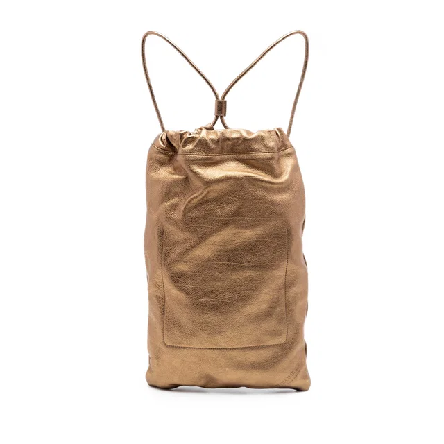 Gold Burberry Metallic Grained Calfskin Drawstring Sling Bag Backpack in Gold Caviar leather from Designer Revival