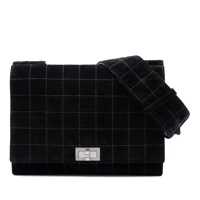 Black Chanel Chocolate Bar Suede Reissue 2.55 Single Flap Crossbody Bag in Black Suede from Designer Revival