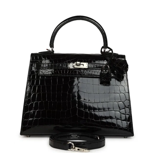 Hermès Kelly Sellier 25 Black Shiny Niloticus Crocodile Palladium Hardware in Black Crocodile from Madison Avenue Couture