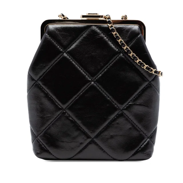 Black Chanel Small CC Quilted Lambskin Kisslock Frame Clutch Crossbody Bag in Black Lambskin from Designer Revival