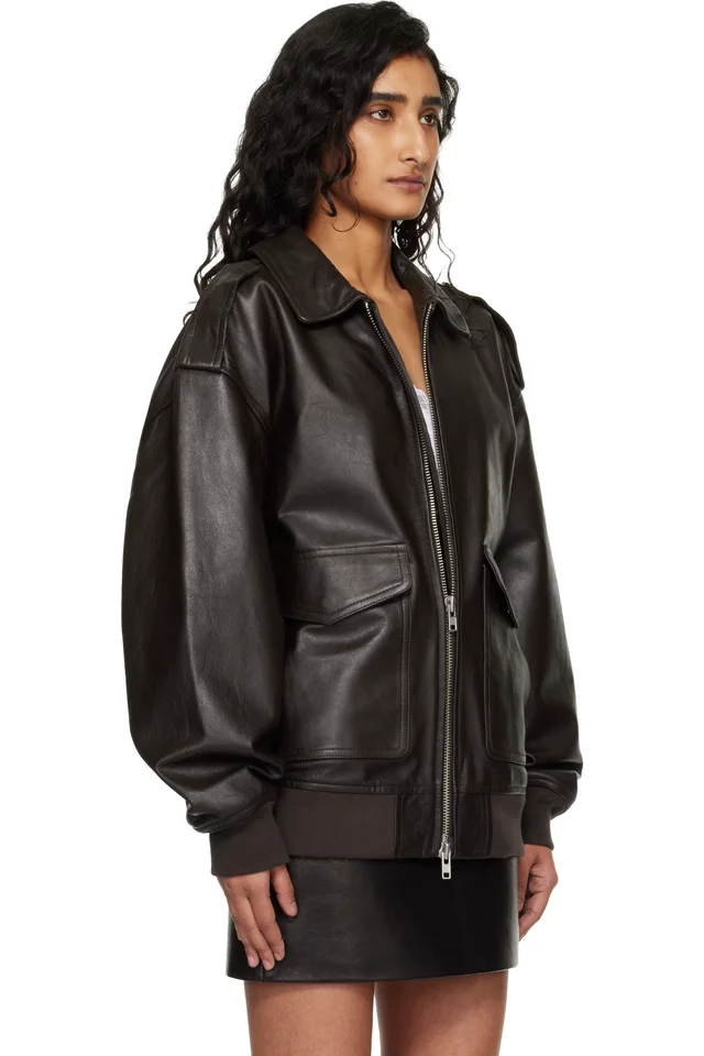 The Frankie Shop Brown Viper Leather Jacket, photo 2 of 3 from SSENSE