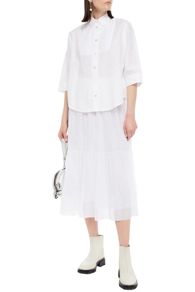 REDValentino Gathered Pointelle-Knit Midi Skirt in White, photo 2 of 4 from THE OUTNET