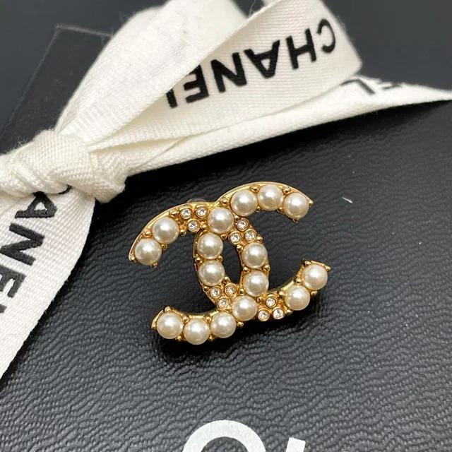 Chanel CC Logo Brooch Pearl Rhinestone Gold in Gold from The Reluxe