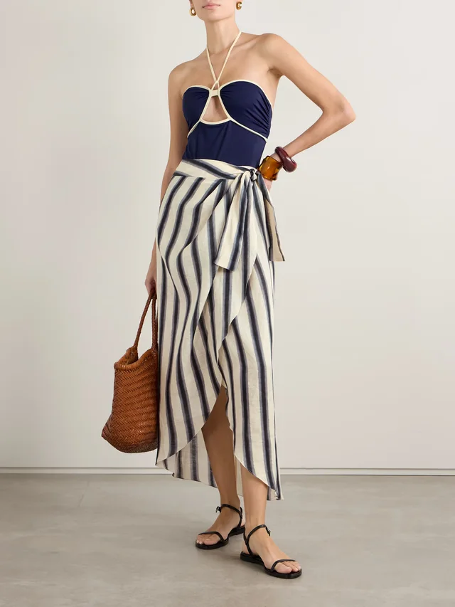 JOHANNA ORTIZ Waves of Destiny wrap-effect pleated striped linen pareo in Beige, photo 2 of 2 from NET-A-PORTER (Canada)
