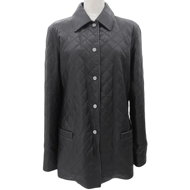 Ferragamo Leather Logo Button Quilted Coat #42 Black in Black Leather from VINTAGE QOO TOKYO