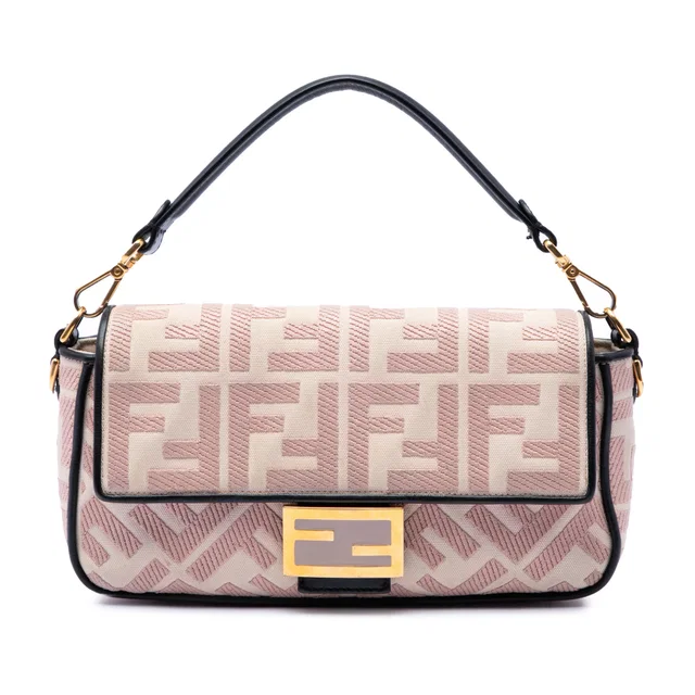 Pink Fendi Zucca Embroidered Canvas Baguette Satchel in Pink Canvas from Designer Revival