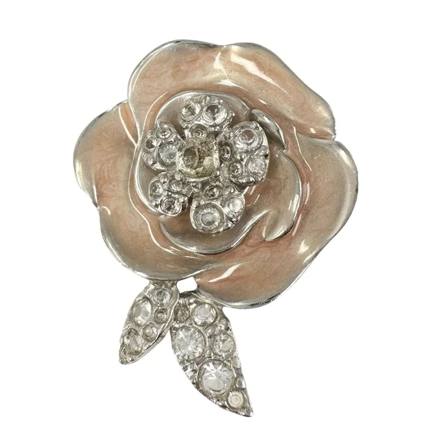 Chanel Camellia Motif CC Logo Silver Pink Brooch in Pink from The Reluxe