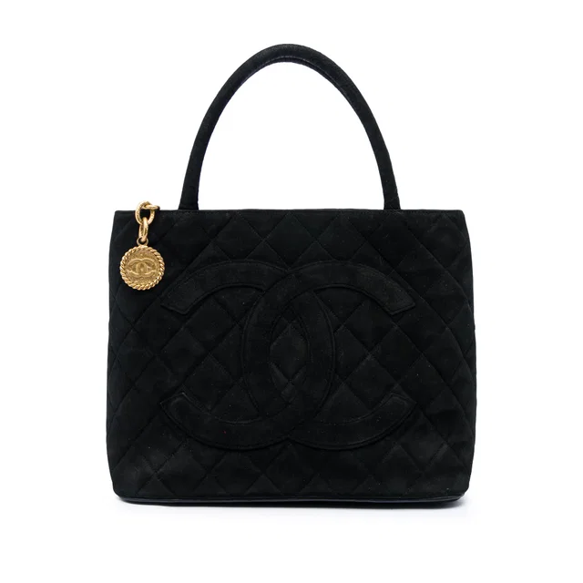 Black Chanel Suede Medallion Tote in Black Suede from Designer Revival