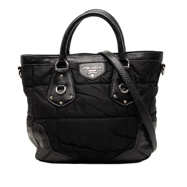Black Prada Tessuto Cervo Lux 24H Tote Satchel in Black Nylon from Designer Revival
