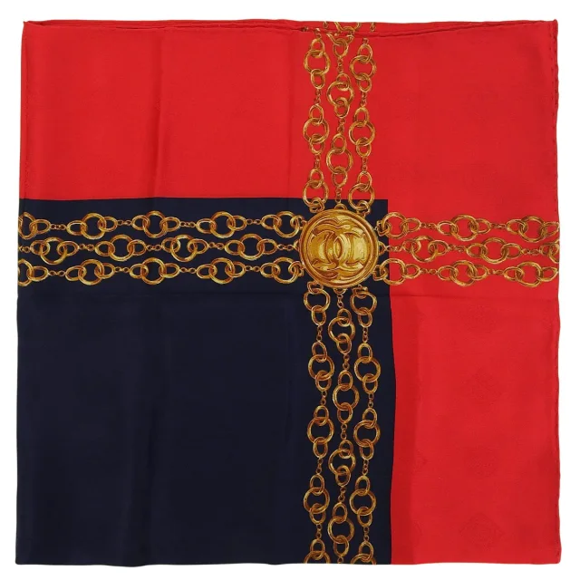 Chanel CC Mark Chain Pattern Scarf Red/Navy in Red Silk from VINTAGE QOO TOKYO, photo 3 of 10