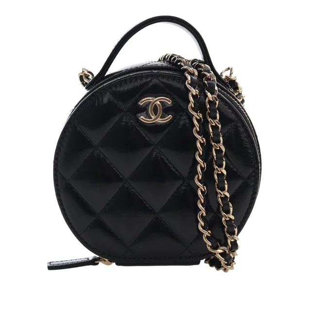 Black Chanel Quilted Glazed Lambskin Handle With Care Round Vanity Case with Chain Satchel in Black Lambskin from Designer Revival, photo 1 of 1
