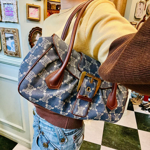 Celine Paris Macadam Pattern Handbag Blue/Brown in Brown Denim from VINTAGE QOO TOKYO