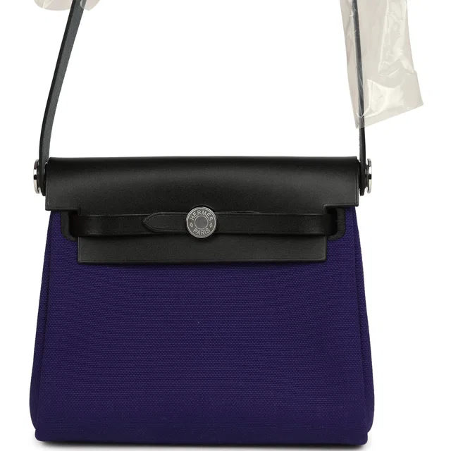 Hermès Herbag Zip 20 Mini Purple Toile Militaire Canvas and Black Vache Hunter Palladium Hardware in Black Canvas from Madison Avenue Couture