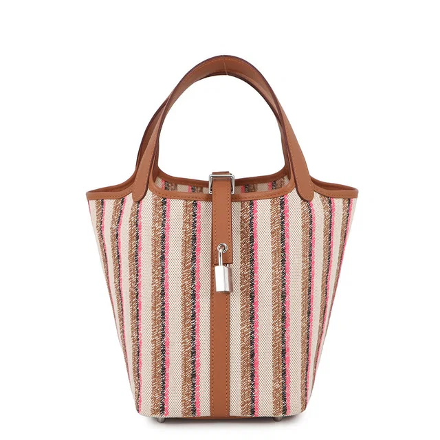 Hermès Picotin Lock Blanket Gold/Ecru/Fauve/Rose Pop Toile H Swift Leather Size PM in Pink Swift leather from GALLERY RARE