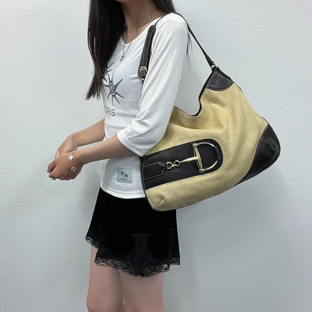 Gucci Horsebit Canvas Hobo Shoulder Bag Beige Brown Gold Vintage in Brown Canvas from The Reluxe