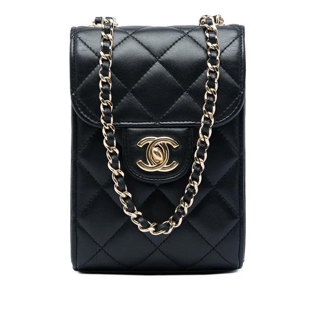 Black Chanel CC Quilted Lambskin Phone Holder with Chain Crossbody Bag in Black Lambskin from Designer Revival, photo 1 of 1