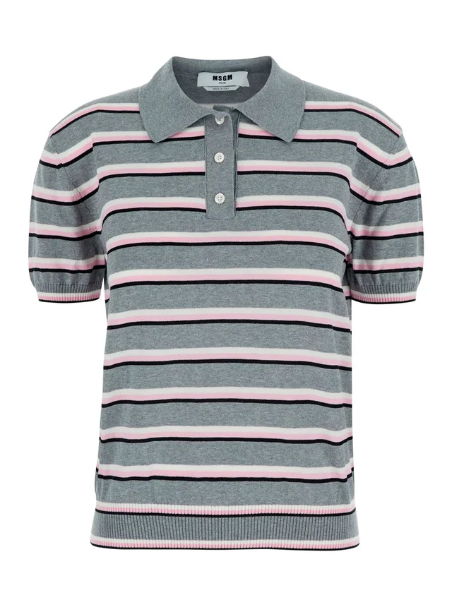 Msgm Grey Polo Shirt with Ribbed Details and All-Over Striped Motif in Cotton for Women in Grey 100% Cotton, photo 2 of 6 from Gaudenzi Boutique