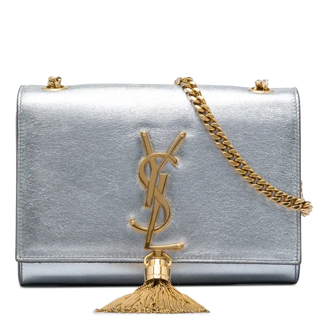 Silver Saint Laurent Small Metallic Calfskin Monogram Kate Tassel Crossbody in Silver Calfskin from Designer Revival