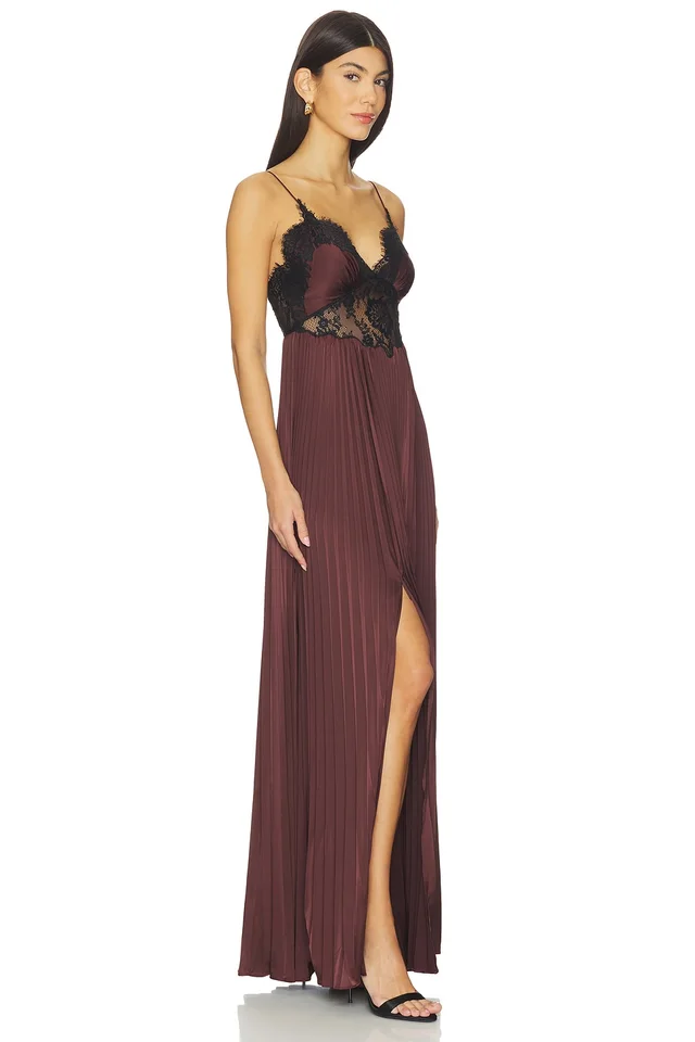 self-portrait Brown Satin Lace Insert Maxi Dress in Brown, photo 2 of 3 from REVOLVE (Canada)