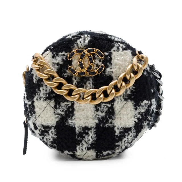 White Chanel Tweed 19 Round Clutch with Chain and Coin Purse Satchel in White Tweed from Designer Revival