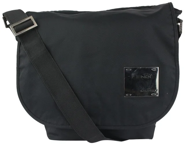 Fendi Black Silver Plaque Messenger Bag in Black Canvas from Bagriculture