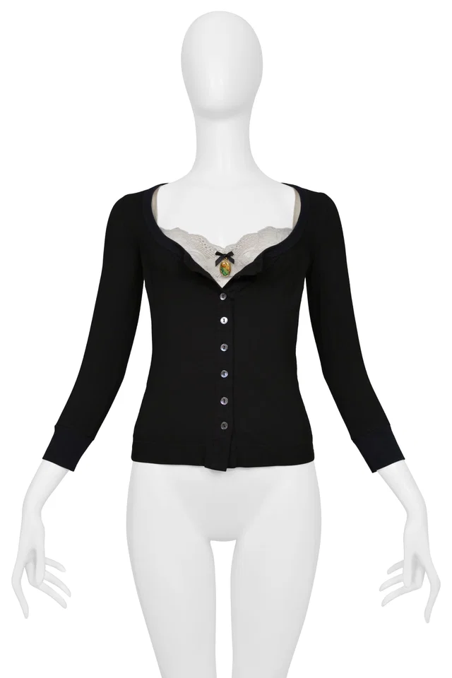 Dolce & Gabbana Black Top With Attached Off White Lace Inset And Enamel Pendant in Black from Resurrection Vintage