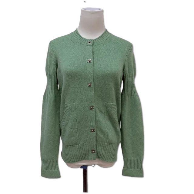 Chanel Sage Green CC Button Knit Cardigan Sweater size 36 in Green from Luxury Promise