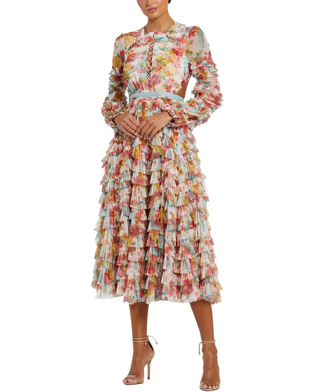 Mac Duggal Mesh Long Sleeve Ruffle Criss Cross Midi Dress, image 1 of 1 from Gilt