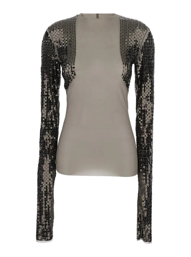 RICK OWENS T-Shirt 'Dennis' Short with Long Sleeves with Sequins in Tech Fabric Stretch Gray Women in Grey 93% Nylon 7% Elastane, photo 2 of 5 from Gaudenzi Boutique