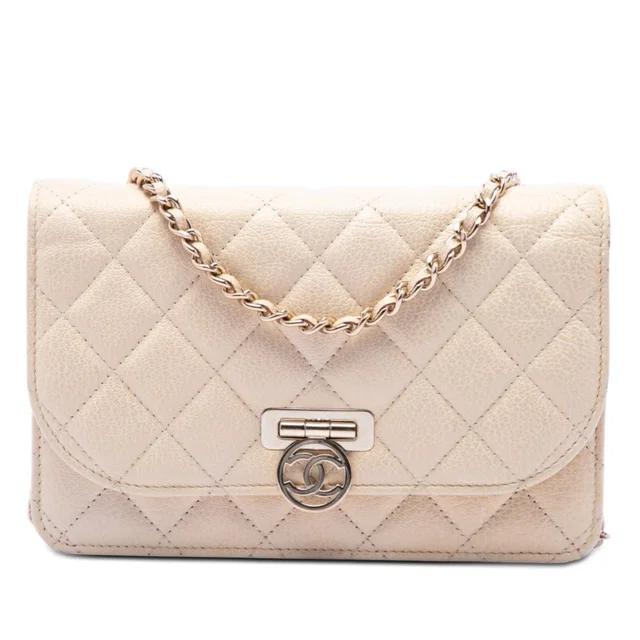 Beige Chanel Round CC Quilted Calfskin Flip Lock Wallet On Chain Crossbody Bag in Beige Calfskin from Designer Revival