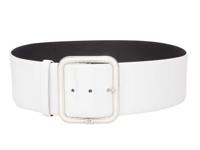 White Chanel Wide Leather Belt Size US S in White Leather from Designer Revival