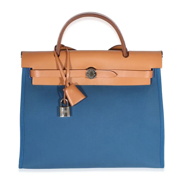 Hermès Herbag 31 Bleu Izimir Fauve Toile Vache Hunter Herbag Zip 31 PM PHW in Blue Coated canvas from myGemma