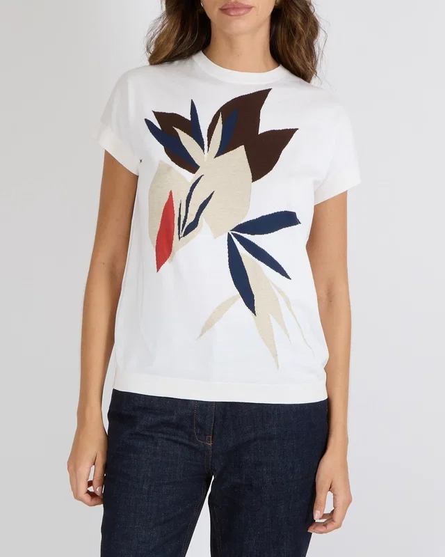 Loro Piana White Knit Short-Sleeved T-Shirt with Beige, Blue and Orange Flower Print Size IT 44 (UK 12) in White from Sellier