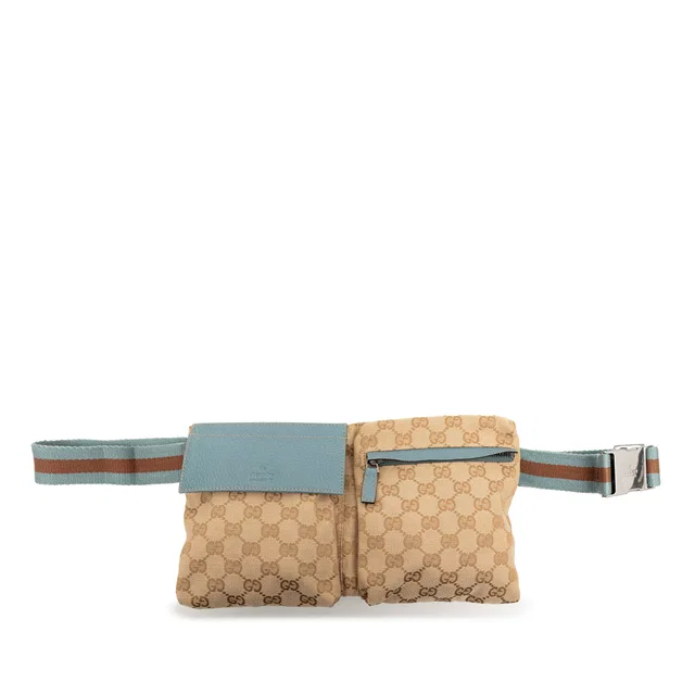 Beige Gucci GG Canvas Web Double Pocket Belt Bag in Beige Canvas from Designer Revival