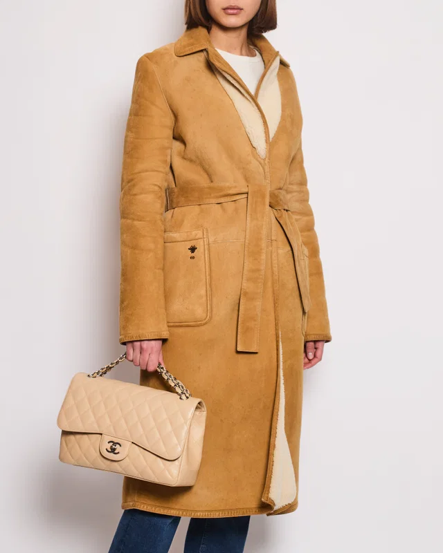 Dior Tan and Cream Reversible Suede and Shearling Coat with Embroidered Logo and Belt Size FR 38… in Brown Suede from Sellier