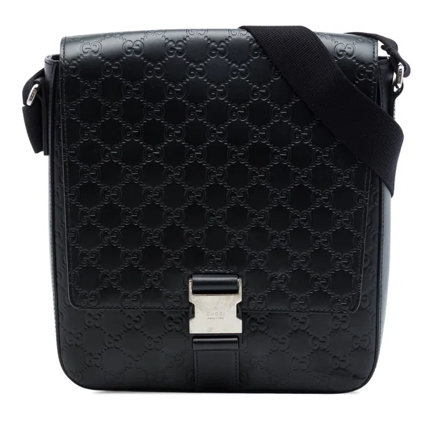 Black Gucci Guccissima Flap Messenger Bag in Black Canvas from Designer Revival