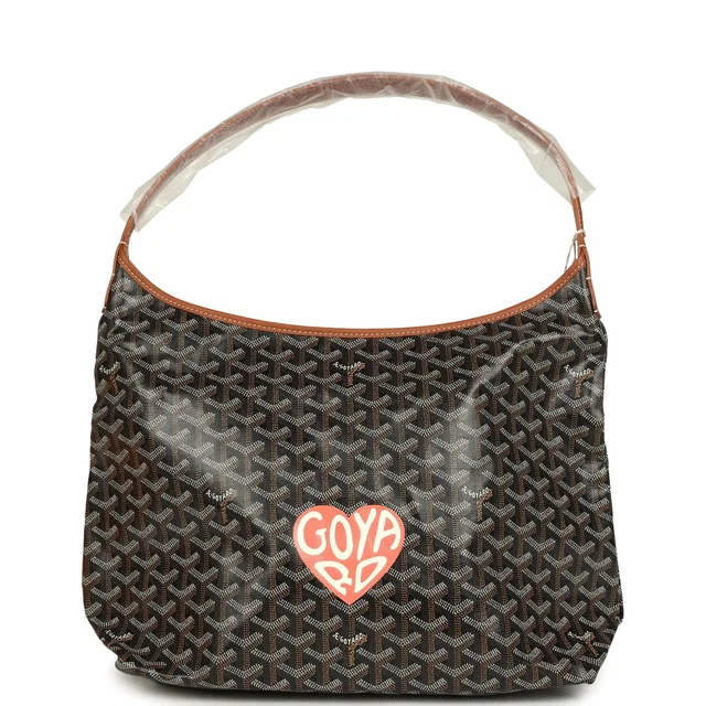 Goyard Goyardine Canvas Black and Brown Hand-Painted Heart Boheme Hobo Palladium Hardware in Black Canvas from Madison Avenue Couture